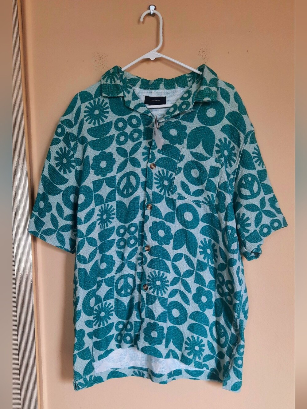 Cotton On Turquoise Floral & Peace Sign Button-Up Men's XXL Nwt Shirt